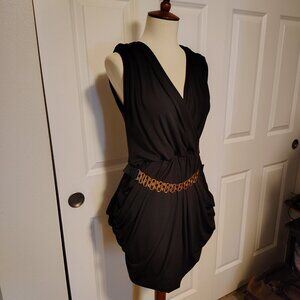 eVogues Plus Size Deep V-Neck Wrap Bodice Mini Dress Belted Black Asymmetrical